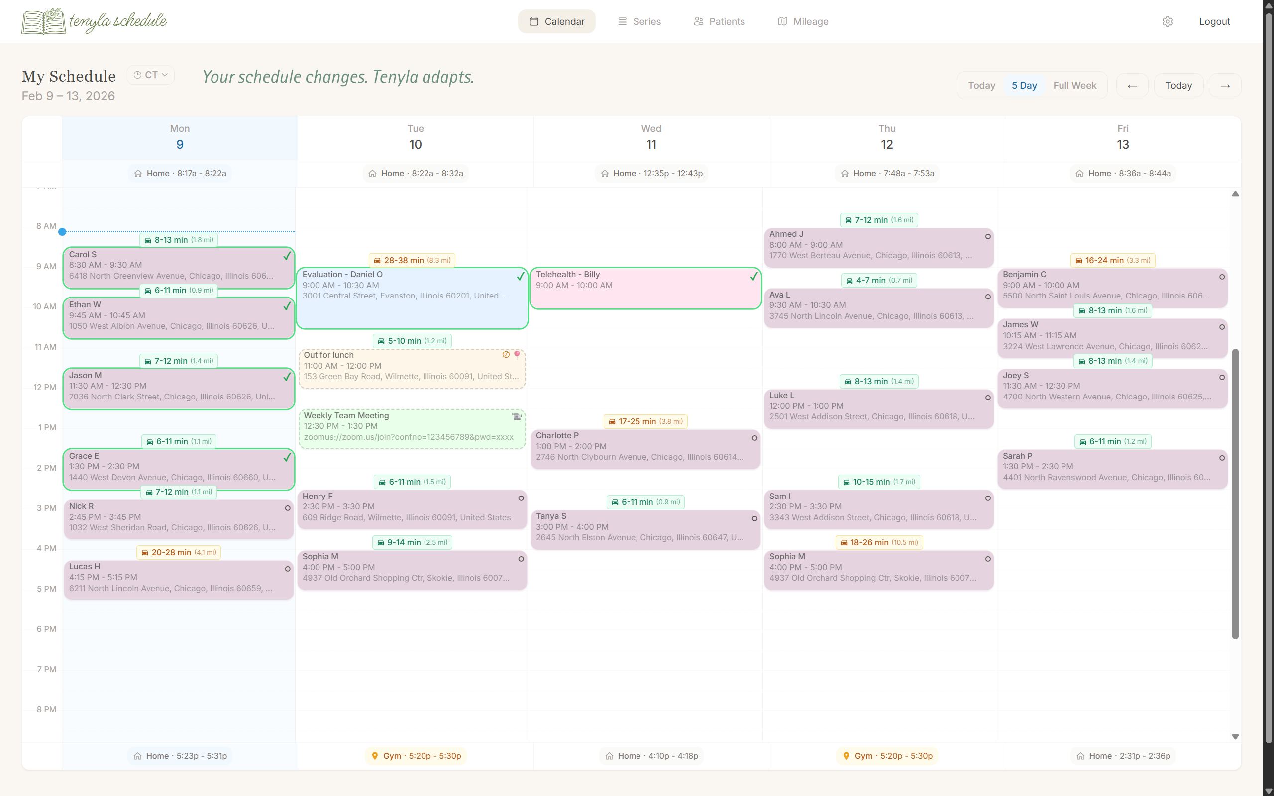 Tenyla Schedule weekly calendar view with travel-time blocks, color-coded patients, and confirmation status
