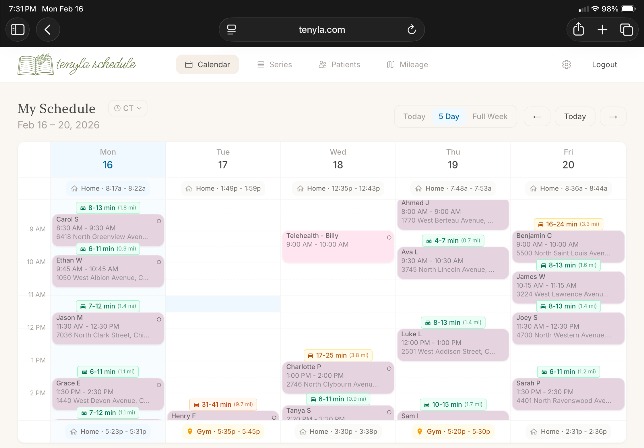 Home health scheduling app — iPad today view iPad today view showing daily schedule with buffer time