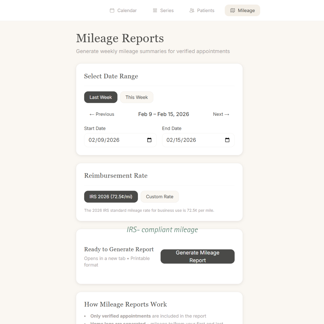 Automatic mileage tracking for home health therapists Mileage report with IRS-compliant breakdown