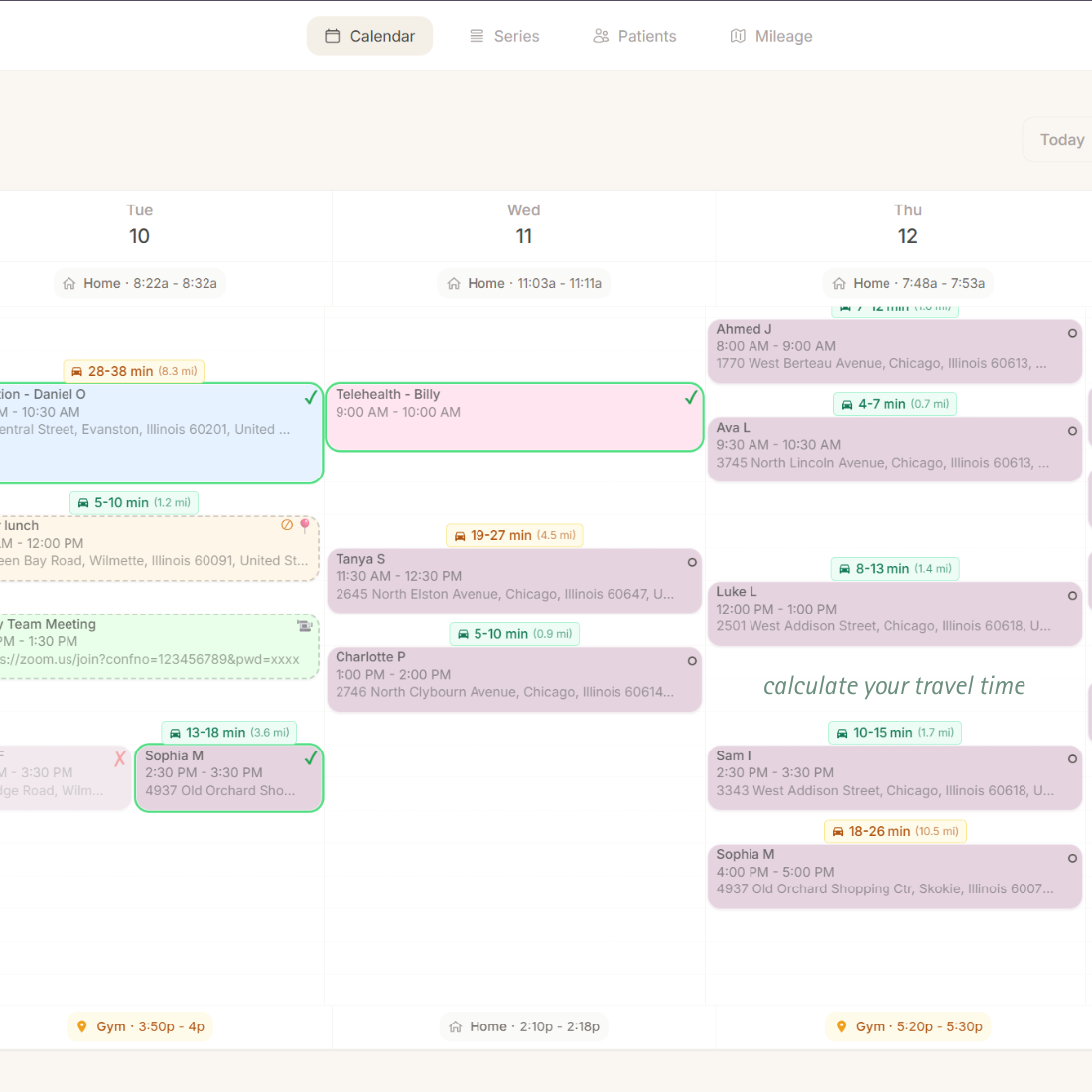 Travel time calculator for home health — see real drive times Weekly calendar showing travel time blocks between appointments